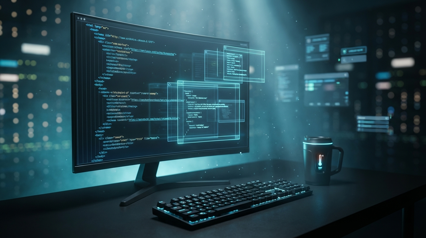 Nahaufnahme eines Bildschirms mit strukturiertem Schema-Code und Entwickler-Workspace für LLM Optimierung
