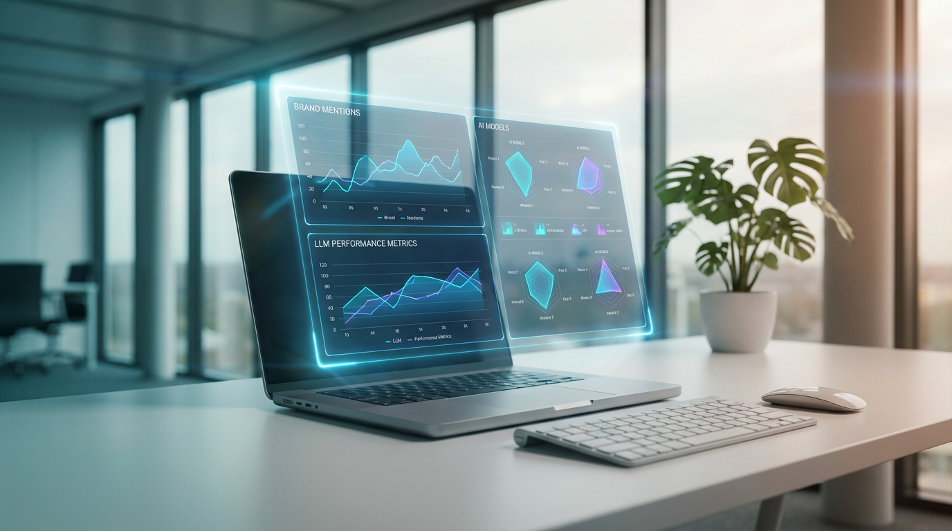 Moderner Laptop zeigt LLMO-Dashboard mit AI-Visibility-Analysen, Grafiken zu Markenmentions in hellem Büro