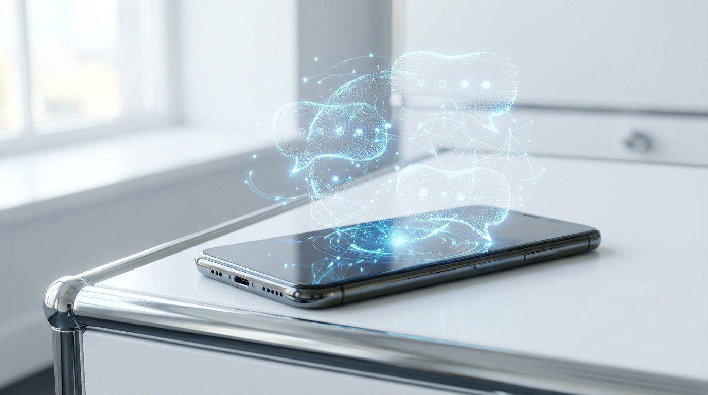 Nahaufnahme eines Smartphone-Bildschirms mit ChatGPT-Konversation und lokalen Geschäftsempfehlungen, LLMO im Fokus