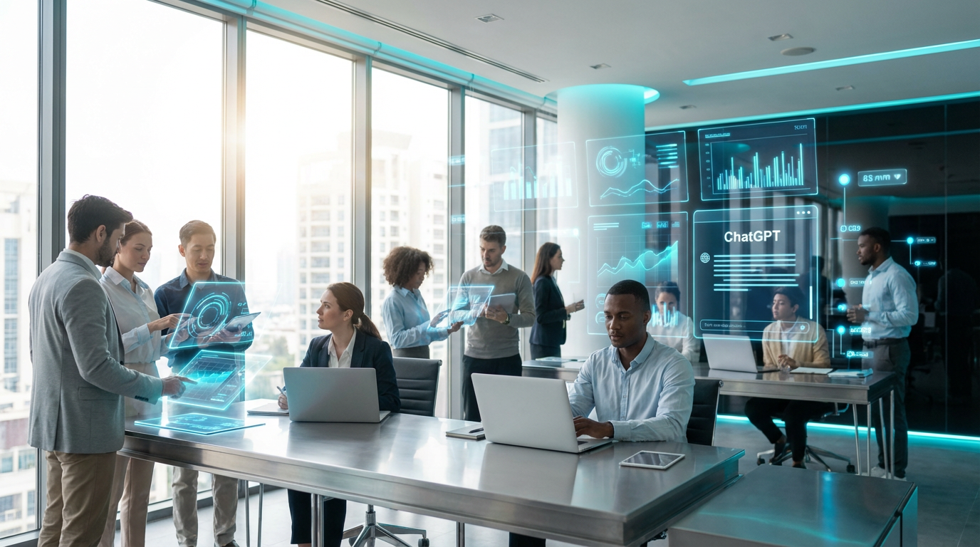 Digitales Marketingteam analysiert AI-Sichtbarkeitsmetriken mit LLMO auf mehreren Bildschirmen