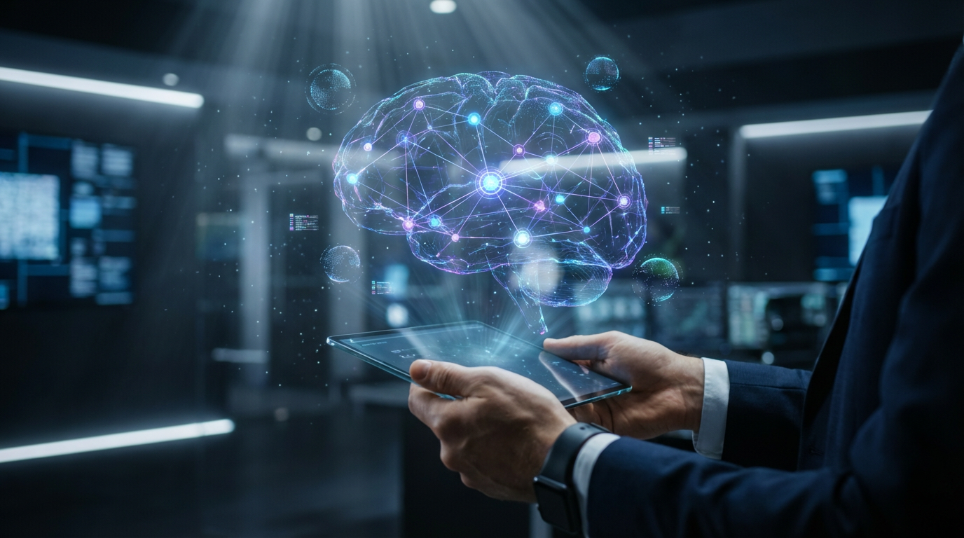 Geschäftsperson bedient Tablet mit holografischem Knowledge-Graph; LLMs vs Suchmaschinen visualisiert in hoher Auflösung.