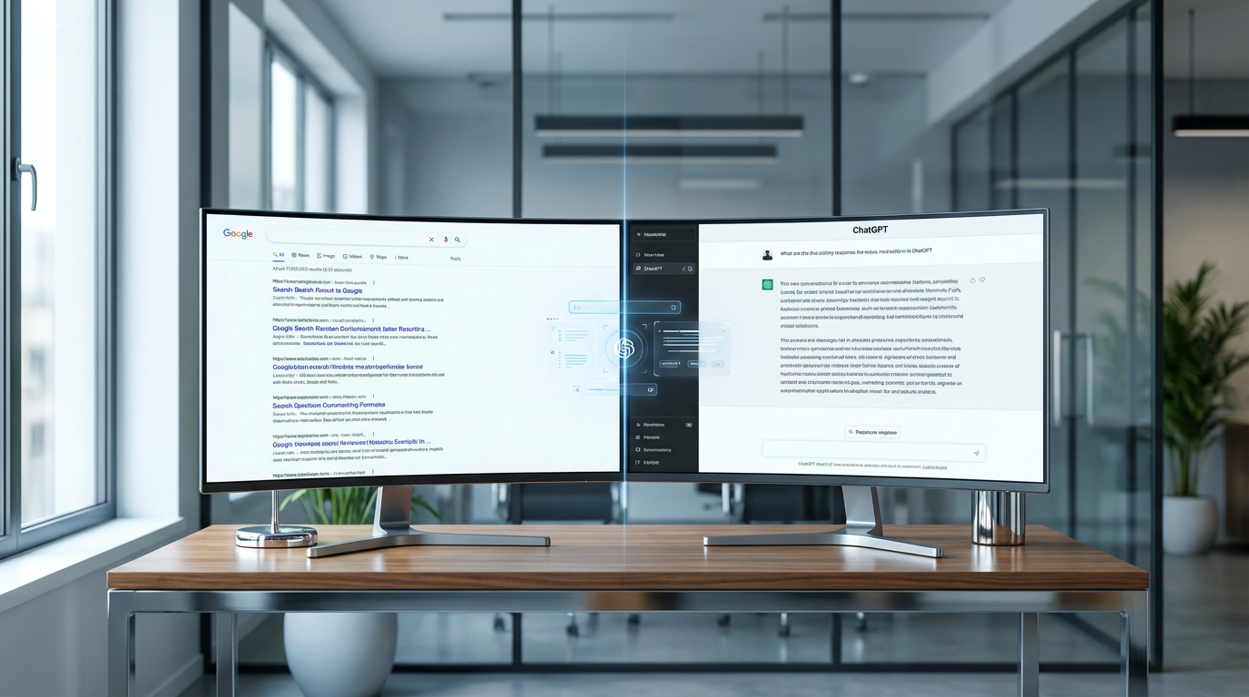Professionelles Split-Screen: LLMs vs Suchmaschinen – links Google-Suchergebnisse, rechts ChatGPT-Antwort in Büro