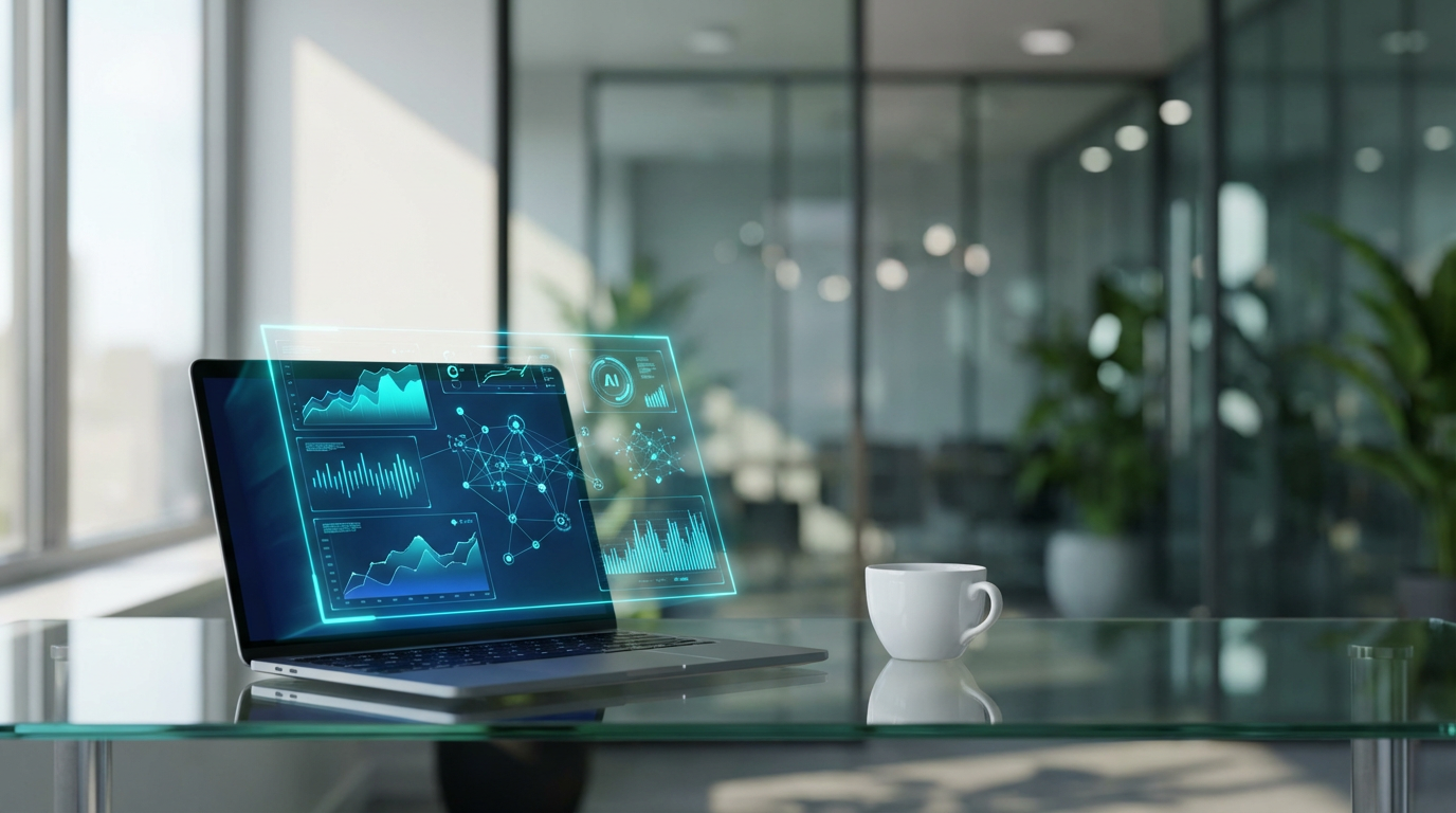 Laptop mit Analytics-Dashboard zeigt AI-Visibility und SEO-Daten auf modernem Schreibtisch – LLMs vs Suchmaschinen als Thema.