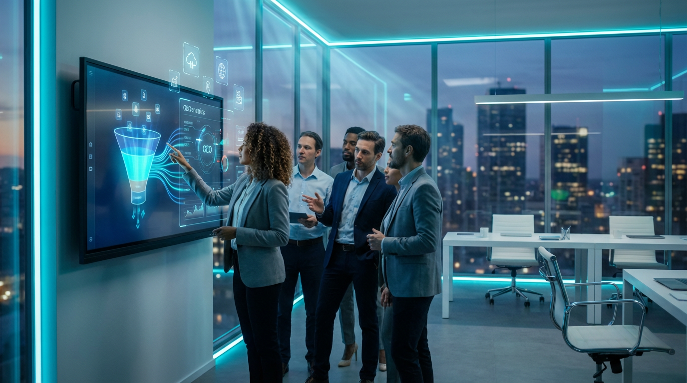 Marketing Funnel auf interaktivem Touchscreen: Team analysiert KI-gestützte Funnel- und GEO-Metriken