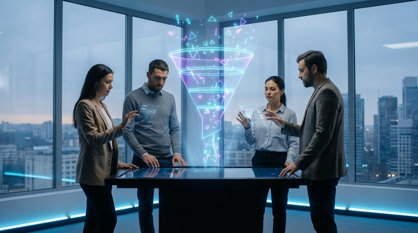 Marketing Funnel auf Monitor im modernen Büro, Team analysiert KI-gestützte Customer Journey-Daten