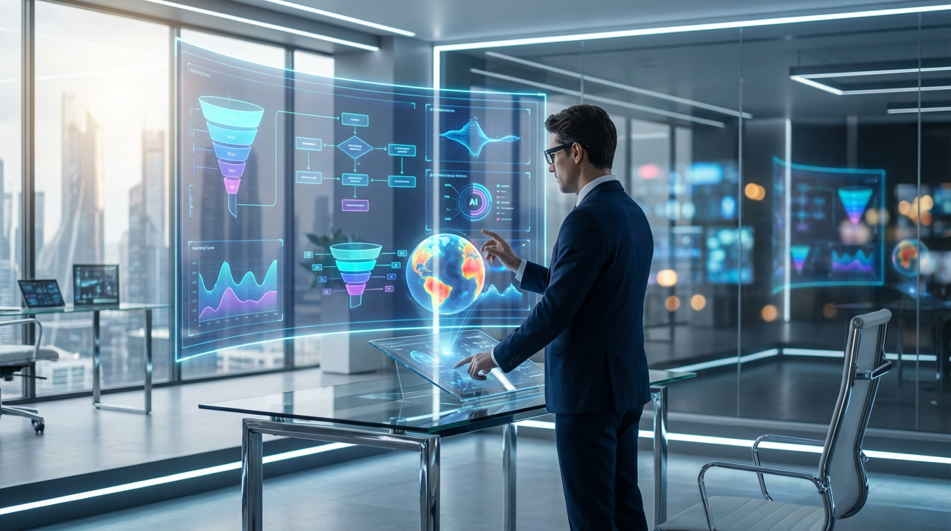 Business-Analyst betrachtet Marketing Funnel Performance-Dashboard auf mehreren Bildschirmen in modernem Büro.