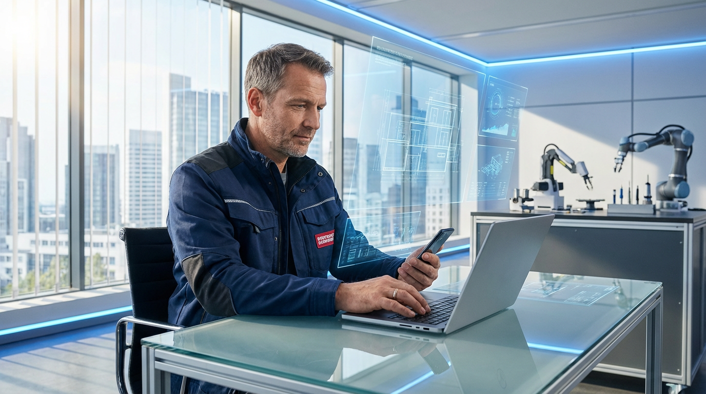 Professioneller Handwerker am Schreibtisch mit Smartphone und Laptop, zeigt Online Sichtbarkeit Handwerker durch Planung