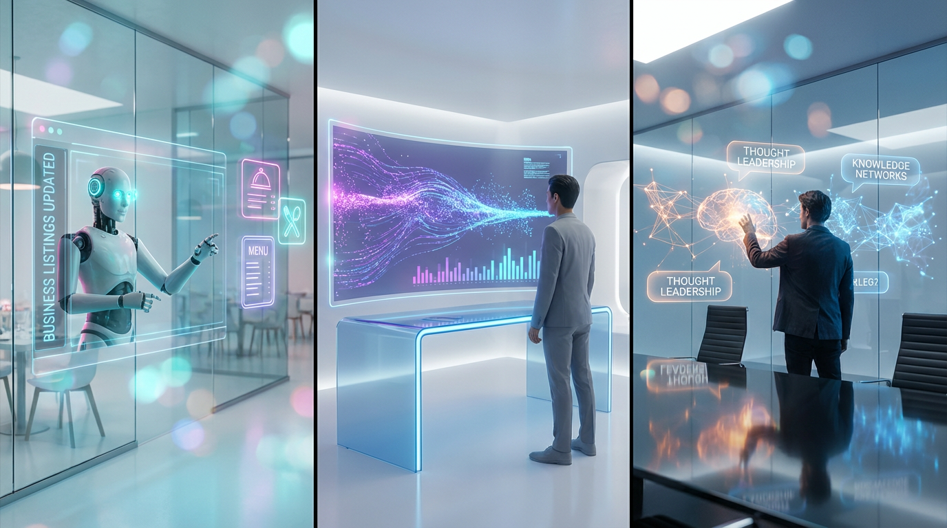 Split-Screen zeigt lokale Gastronomie, E-Commerce und B2B-Berater, die mit Perplexity Comet AI-Sichtbarkeit optimieren