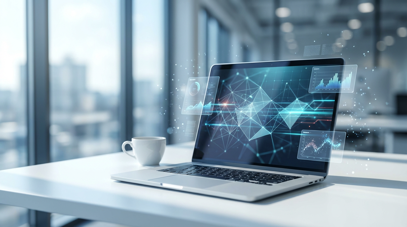 Analytics-Dashboard auf Laptop zeigt Perplexity Comet Metriken und Graphen, Kaffee und natürliches Fensterlicht.