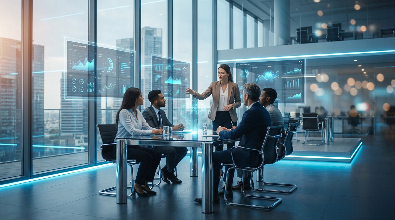 Digitales Marketingteam analysiert Perplexity Comet Suchergebnisse auf grossen Monitoren im modernen Buero