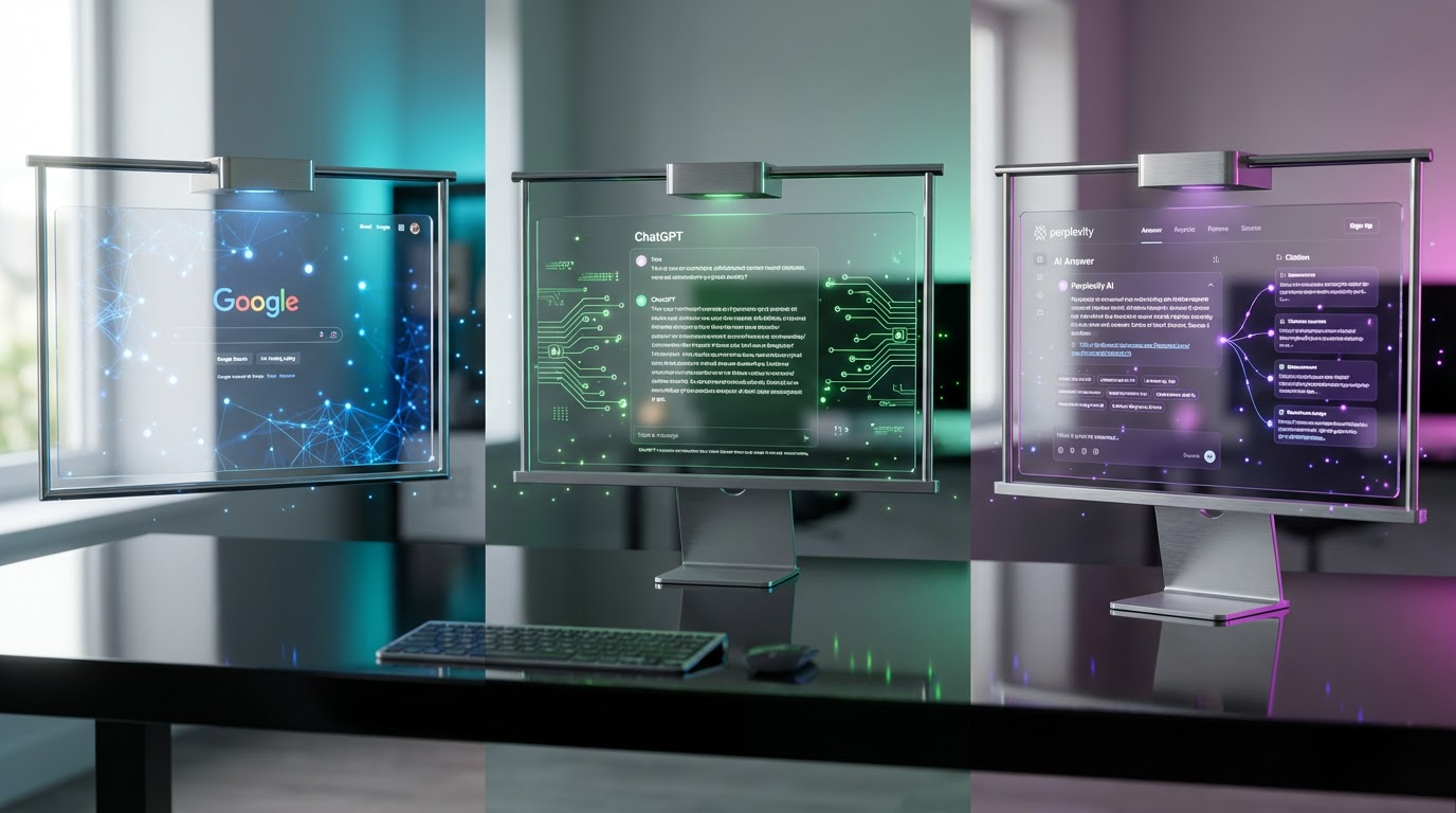 Split-Screen: Perplexity vs ChatGPT vs Google auf drei modernen Geräten auf cleanem Schreibtisch