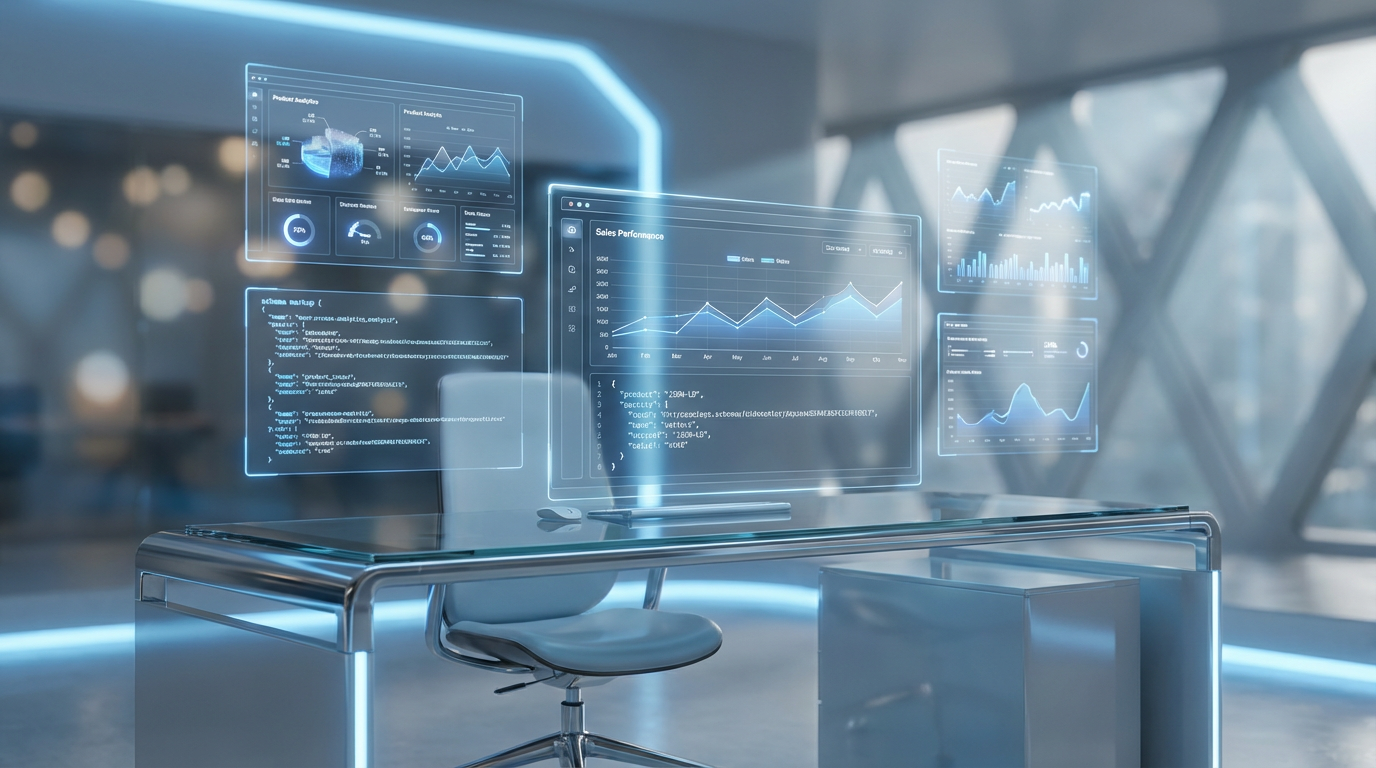 Moderner E-Commerce-Arbeitsplatz mit Bildschirmen für Produktdatenoptimierung, Schema-Markup und LLM-Analytik.