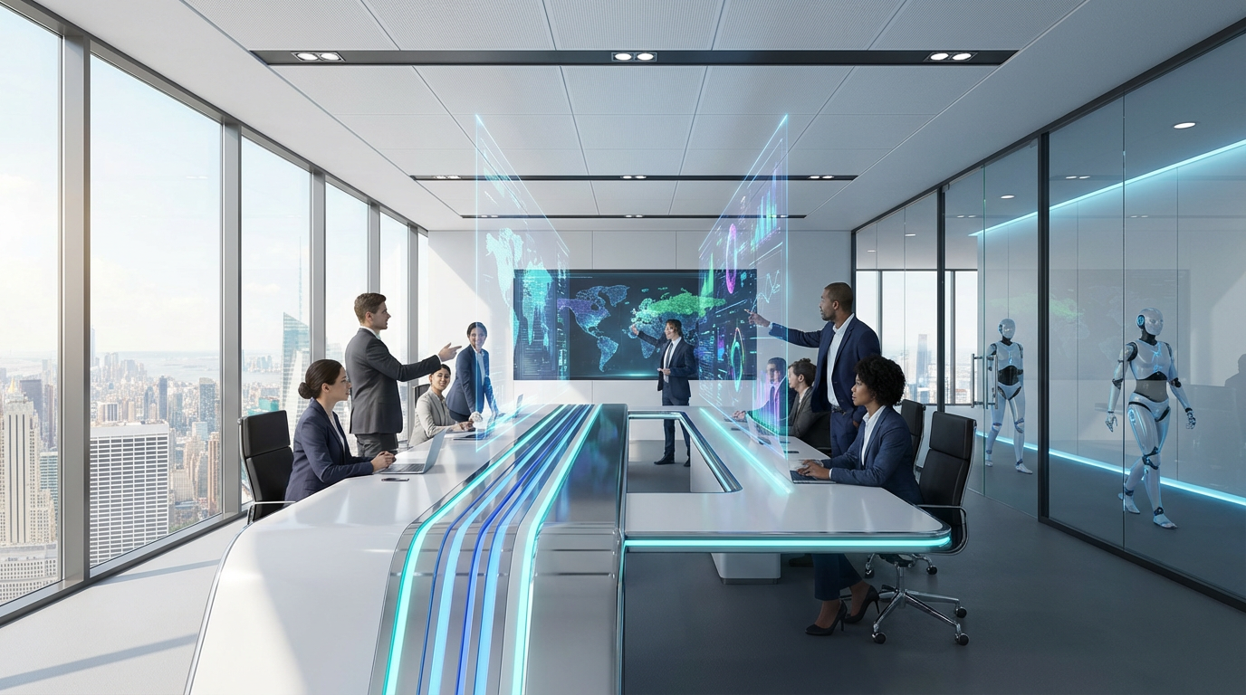 Meetingraum mit Team vor großem Screen zeigt GEO-Daten und Produktempfehlungen bei ChatGPT, City-View