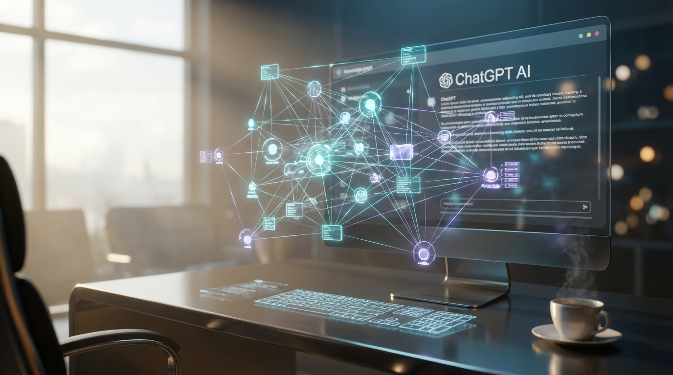 Nahaufnahme eines Bildschirms mit Knowledge-Graph-Visualisierung und ChatGPT-Interface, Produktempfehlungen bei ChatGPT sichtbar