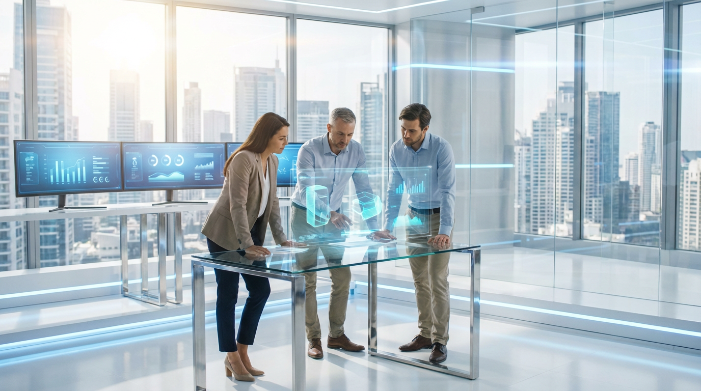 Marketingteam analysiert Produktempfehlungen bei ChatGPT auf großen Monitoren in hellem, modernen Büro mit Tageslicht