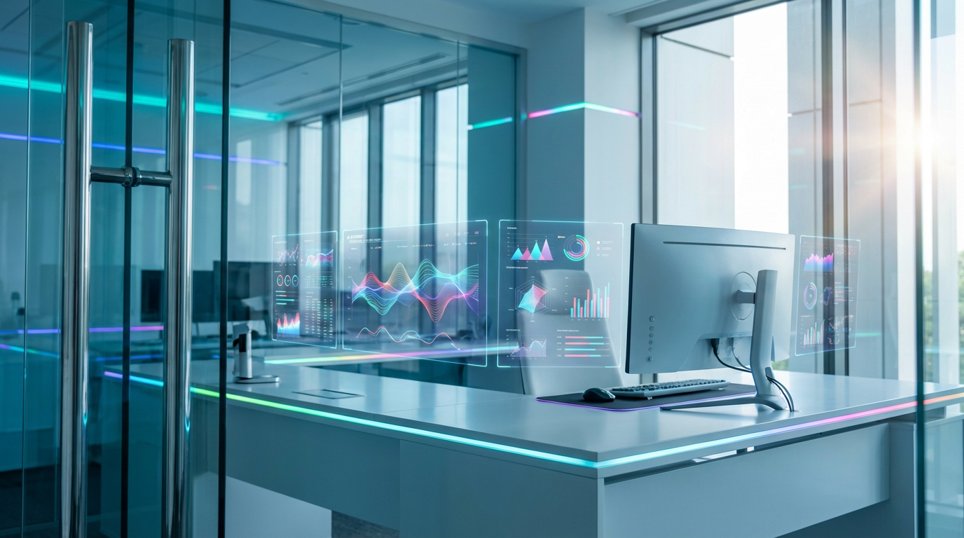 Modernes Tech-Workspace mit Bildschirmen, KI-Vergleichstabellen und Dashboards zur Search Engine Disruption.