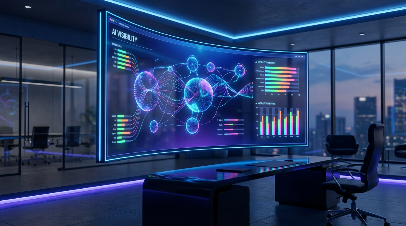 Modernes Büro zeigt Analytics-Dashboard mit Search Engine Disruption-Kennzahlen, farbigen Grafiken und KI-KPIs.