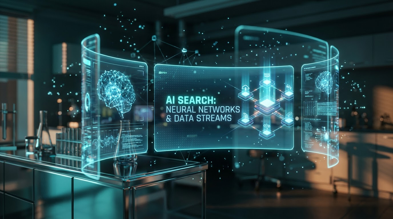 Futuristische holographische Visualisierung der Suche mit KI Tools, mehrere Plattformen und Datenströme