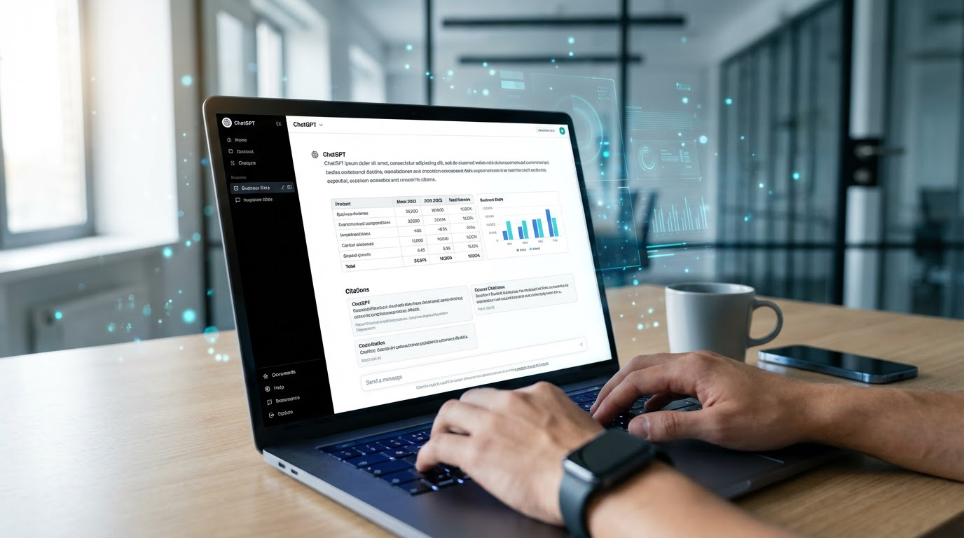 Nahaufnahme eines Laptops mit ChatGPT-Konversation, Hände tippen, Zitatangaben sichtbar, Suche mit KI Tools im modernen Büro