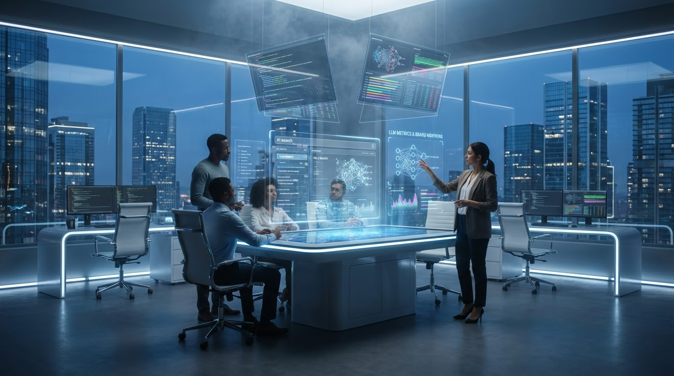 Team von Marketern in modernem Büro prüft Suche mit KI Tools auf Bildschirmen mit Grafiken