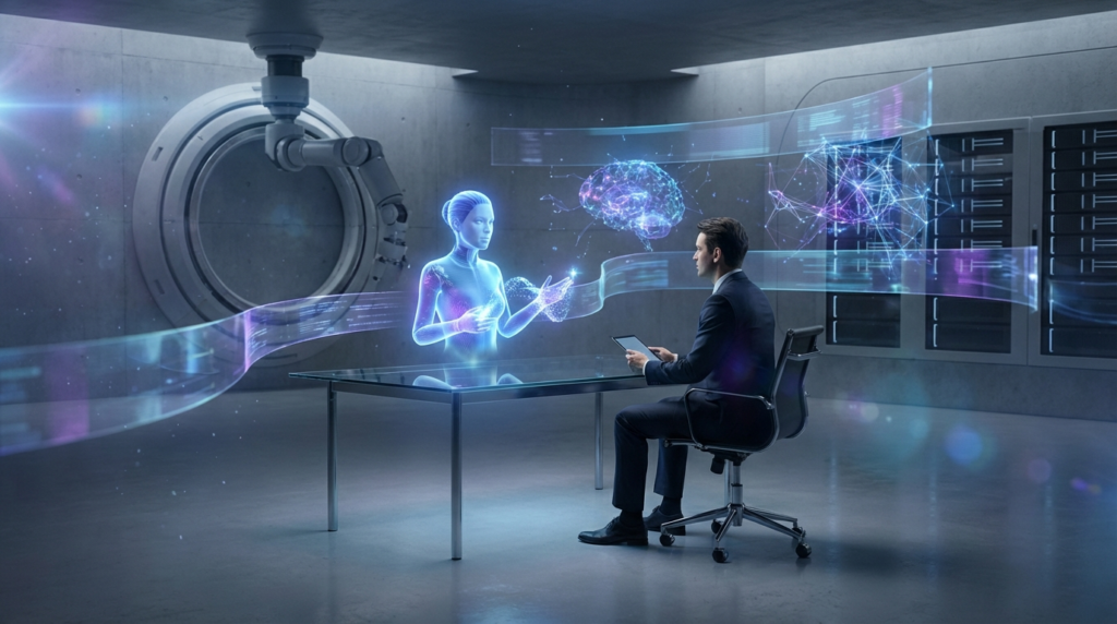 Holographische AI-Expertin im Interview über SEO-Trends, leuchtende Datenströme und Robotik