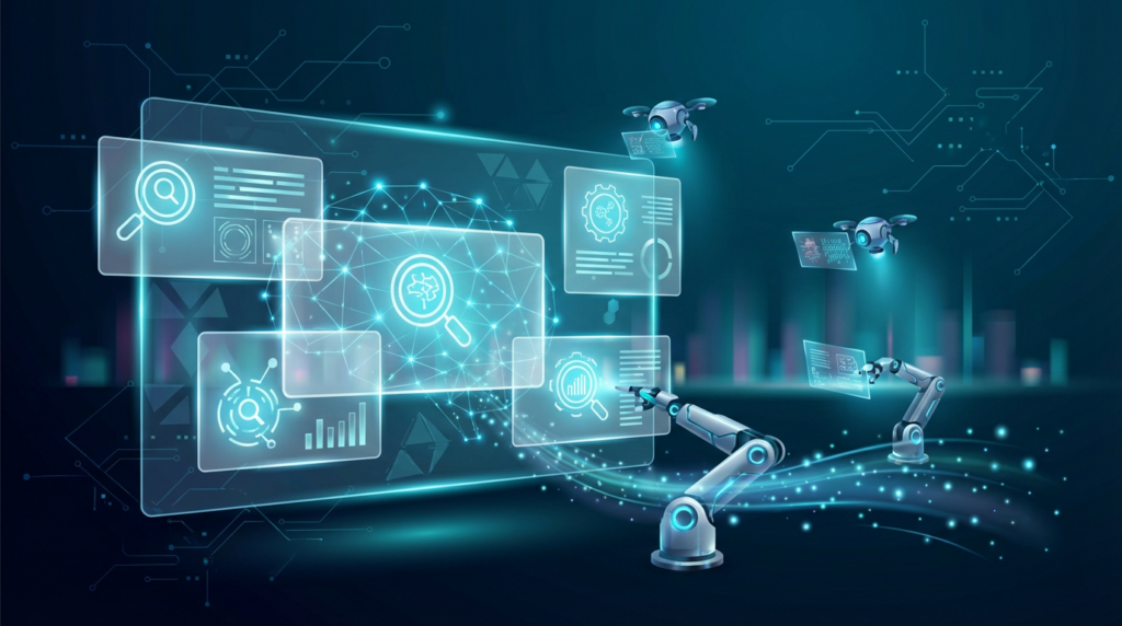 Holografische AI Search Engines Vergleich-Visualisierung mit neuronalen Netzen und roboterhafter Analyse im Cyberpunk-Stil.