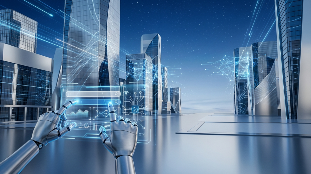 Futuristische B2B-Landschaft mit holographischen Datenstroemen und AI-Netzwerken, die B2B Sichtbarkeit steigern