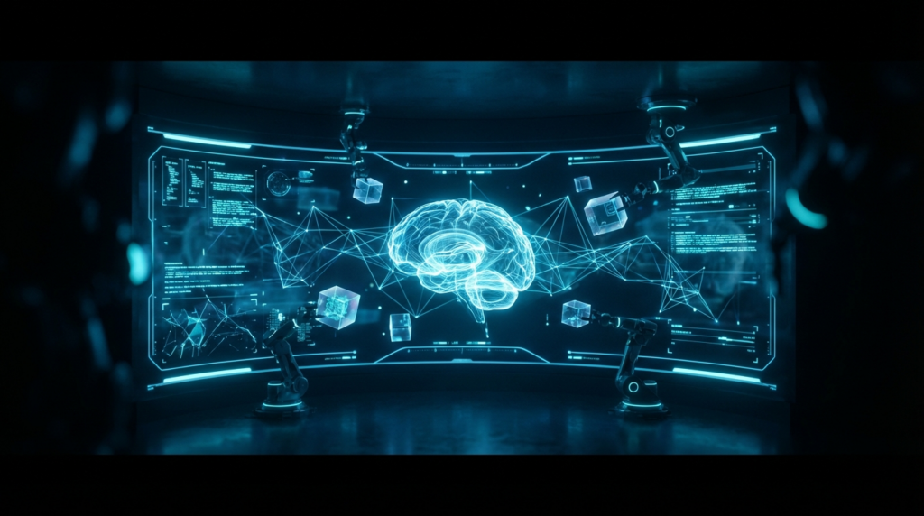 Futuristische AI-Visualisierung zeigt holographische Datenströme und robotische Ordnung der Content-Struktur für LLMs