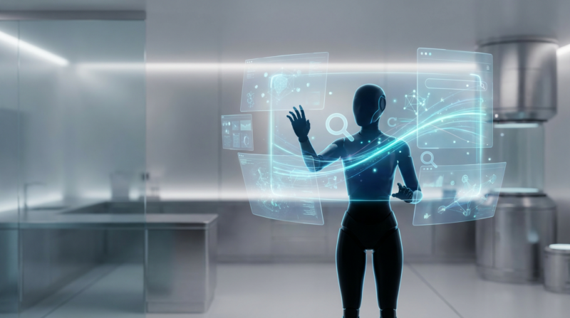 Futuristisches Labor mit humanoidem Roboter und holografischem Conversational Interfaces-Display, leuchtenden Datenknoten