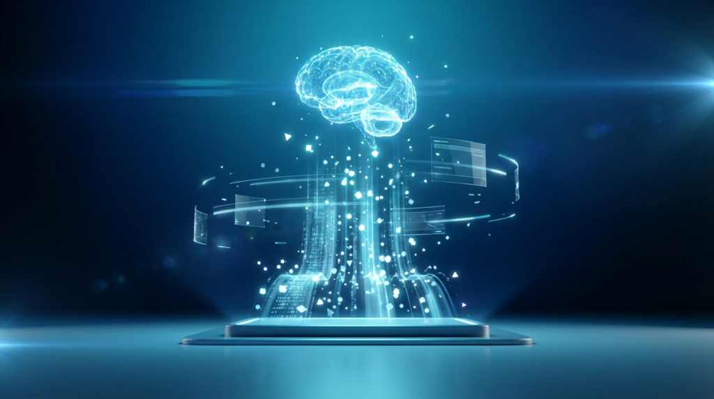 Futuristisches 3D-Render mit holografischen Datenströmen zu einem leuchtenden digitalen Gehirn, KI Empfehlungen sichtbar