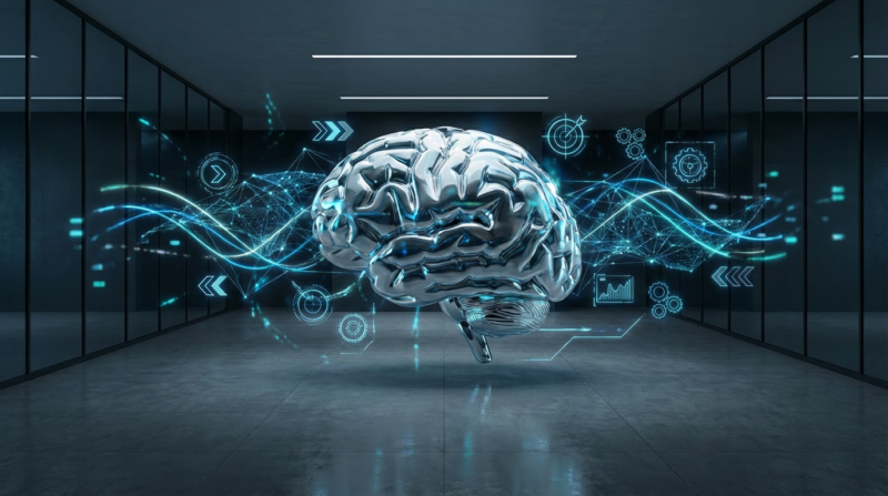 Futuristische Ki Marketing-Visualisierung mit holografischen Datenströmen, neuronalen Netzwerken und robotischem Gehirn.