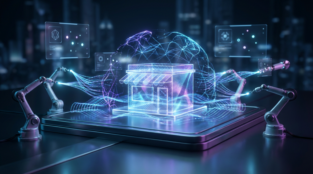 Futuristische Szene: holografischer Laden mit leuchtenden KI-Netz-Verbindungen und Robotassistenten, KI Sichtbarkeit Basics.