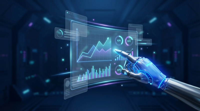 Futuristisches KI-Dashboard mit holografischen Diagrammen und einer metallischen AI-Hand, Visualisierung für KI-Sichtbarkeit.