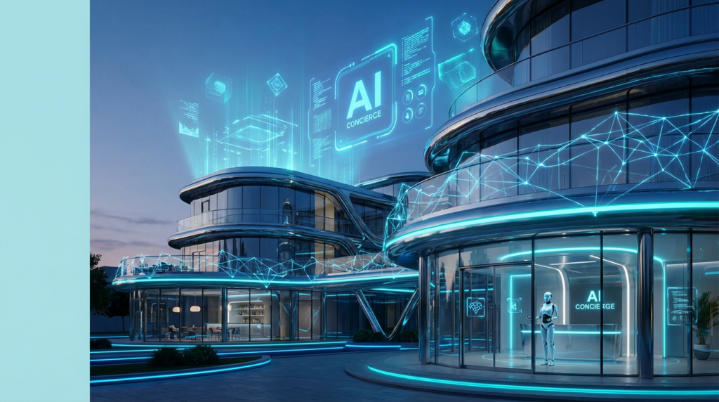 Futuristisches Hotel mit holografischen AI-Projektionen – Visualisierung der KI-Sichtbarkeit für Hotels und Restaurants