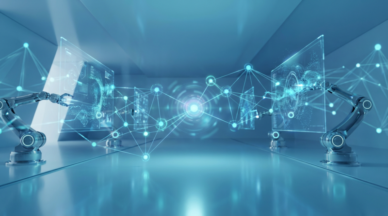 Futuristische 3D-Szene mit leuchtenden Knoten und holografischen Interfaces; KI Touchpoints im Fokus des Netzwerks.