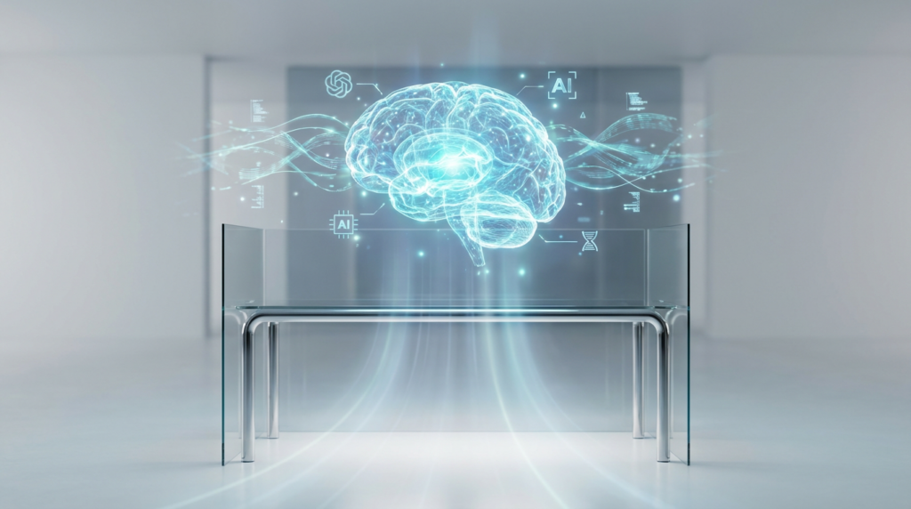 Futuristische Darstellung eines holografischen Gehirns über Schreibtisch, LLM Optimierung mit blau-cyanen Datenströmen