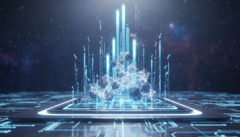 Futuristische 3D-Visualisierung von LLM Ranking Faktoren mit holografischen Datenströmen, leuchtenden Balken und Netzwerk-Knoten.