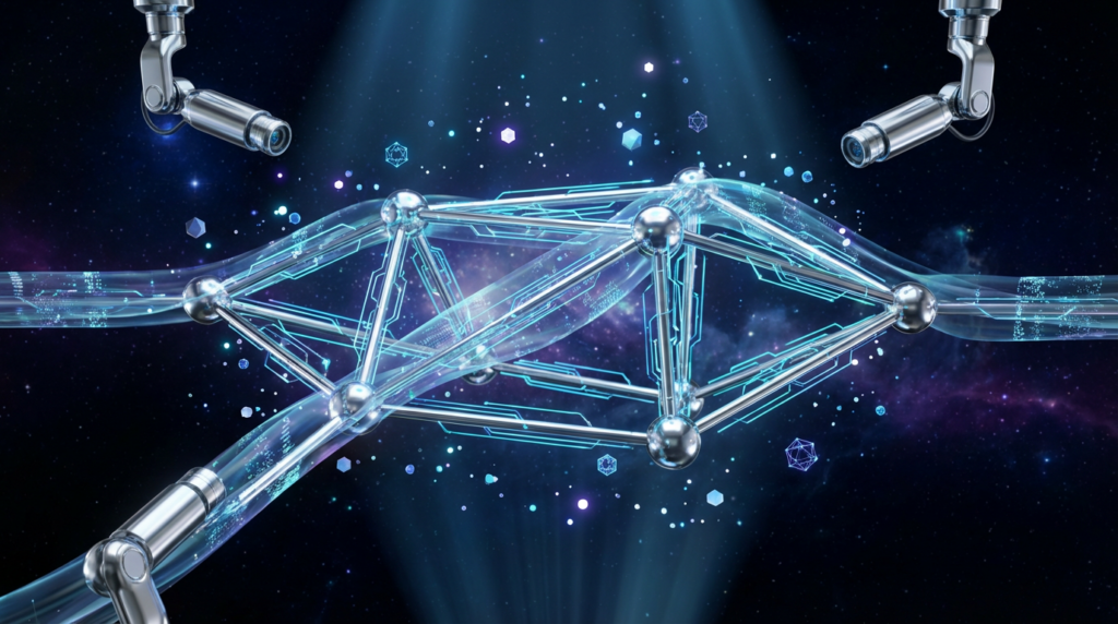 Futuristische LLMO-Visualisierung einer AI-Suchoptimierung: holografische Datenströme durch metallisches neuronales Netzwerk.