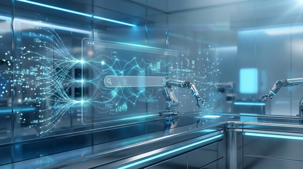 Futuristische Hightech-Szene: LLMs vs Suchmaschinen, holographische Suchoberfläche, leuchtende neuronale Netzwerke.