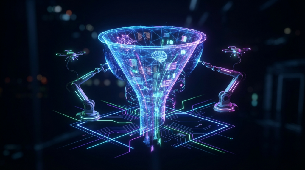 Futuristisches Marketing Funnel Hologramm in Blau/Violett, AI-Datenströme und Roboter optimieren den Trichter