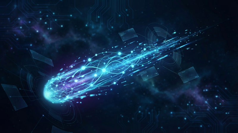 Perplexity Comet als leuchtender Datenkomet aus neuronalen Datenströmen und Netzwerken vor AI-Schaltkreis-Hintergrund.