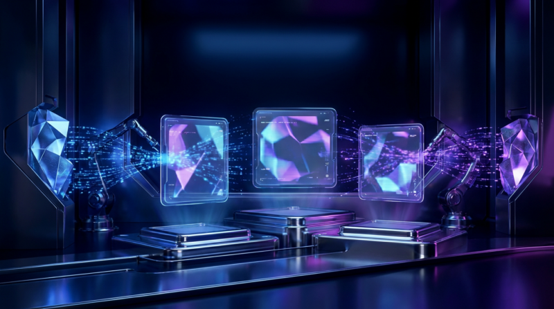 Drei holographische KI-Interfaces in neonblau/violett in futuristischer 3D-Szene – Perplexity vs ChatGPT vs Google.