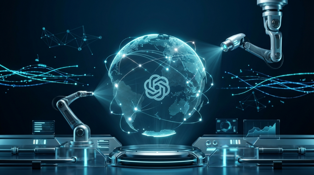 Holographische 3D-Weltkugel mit Netzwerk-Knoten und ChatGPT-Symbol, Produktempfehlungen bei ChatGPT visualisiert.