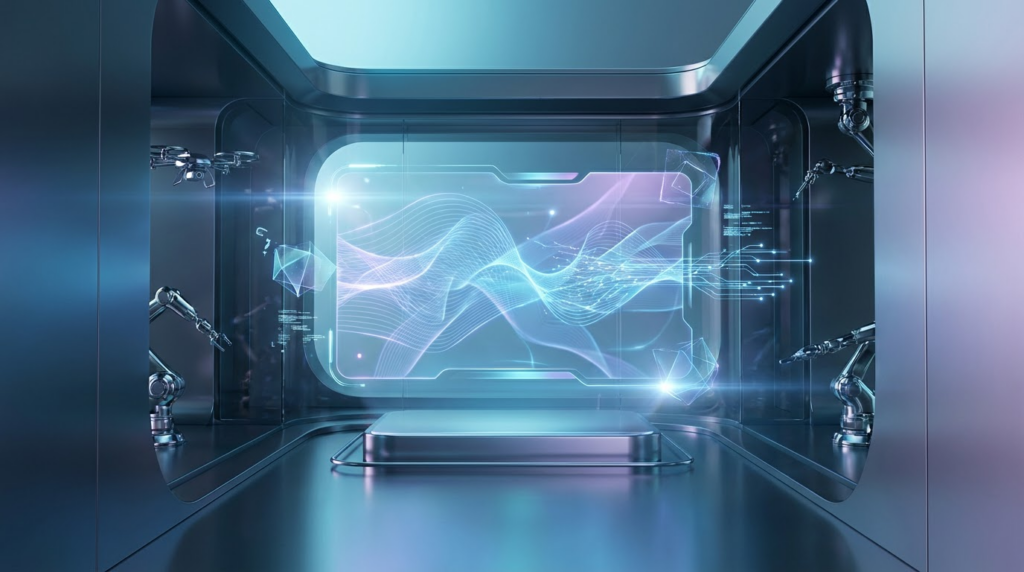 Futuristische Suche mit KI Tools: holographische Suchoberfläche, neuronale Netzmuster und Datenströme in blau-cyanem Licht.