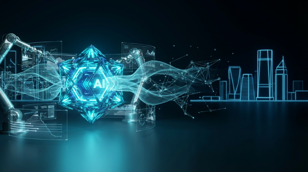 Warum KI-Sichtbarkeit für Unternehmen immer wichtiger wird: Holografische AI-Kerne mit Neon-Datenströmen vor Firmen-Skyline