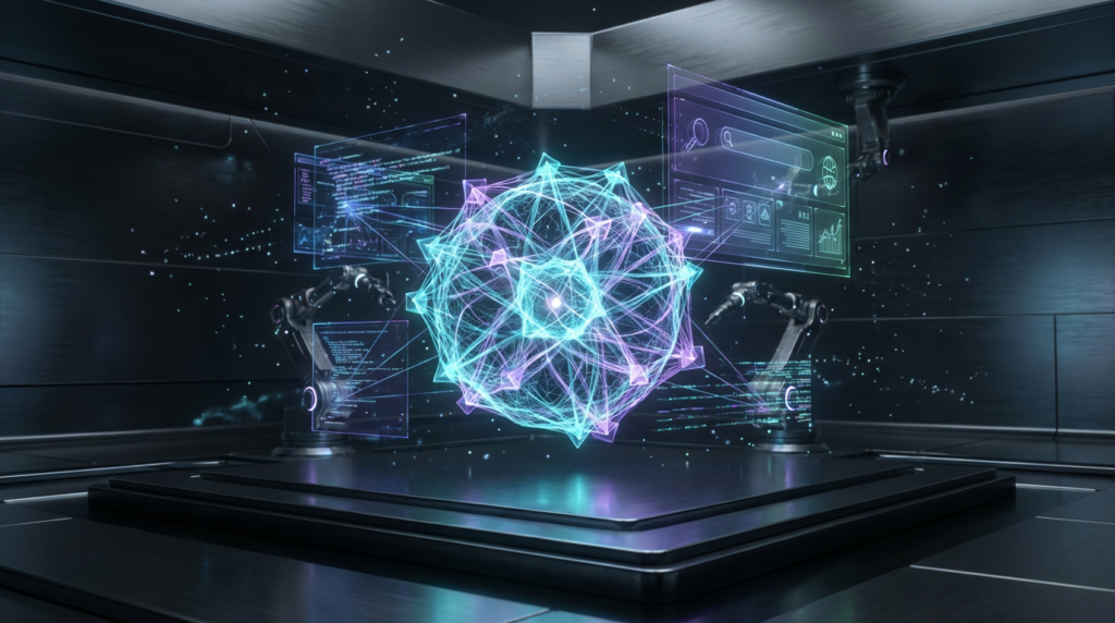 Futuristische 3D-Ansicht eines cyan-lila leuchtenden AI-Gehirns mit holografischen Suchinterfaces - Was ist LLMO?