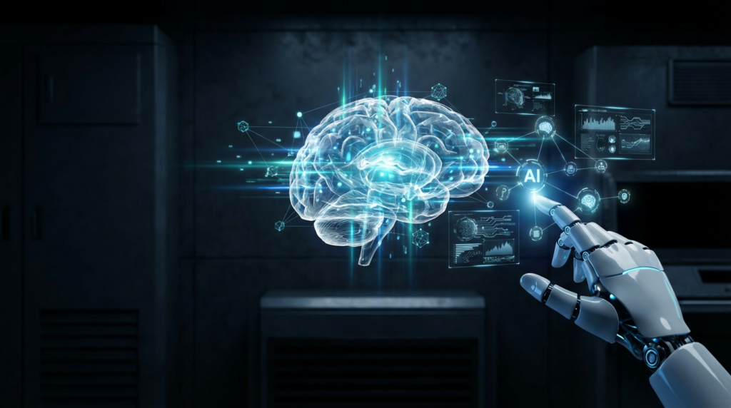 Transparente KI-Gehirnstruktur mit leuchtenden cyan-blauen Datenströmen und Roboterhand – Wie funktioniert ChatGPT?