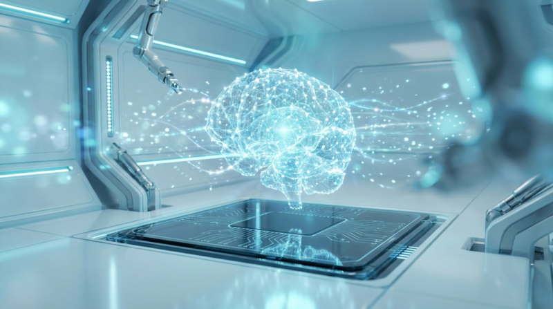 Wie optimiere ich Inhalte für ChatGPT: Leuchtendes holografisches AI-Hirn über digitalem Interface mit cyan Datenströmen.