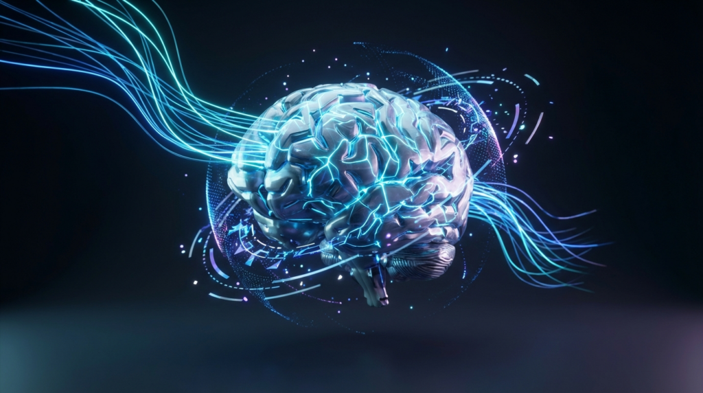 Futuristische 3D-Ansicht eines leuchtenden KI-Kerns mit Datenströmen und neuralen Pfaden – Wie trainieren LLMs erklärt