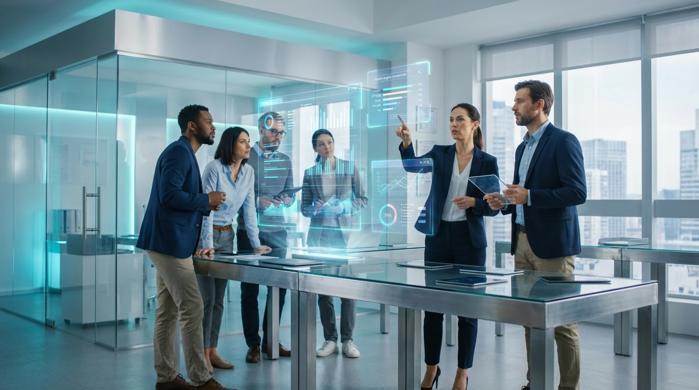 Team analysiert Dashboards mit AI-Metriken in modernem Büro - Warum KI-Sichtbarkeit für Unternehmen immer wichtiger wird